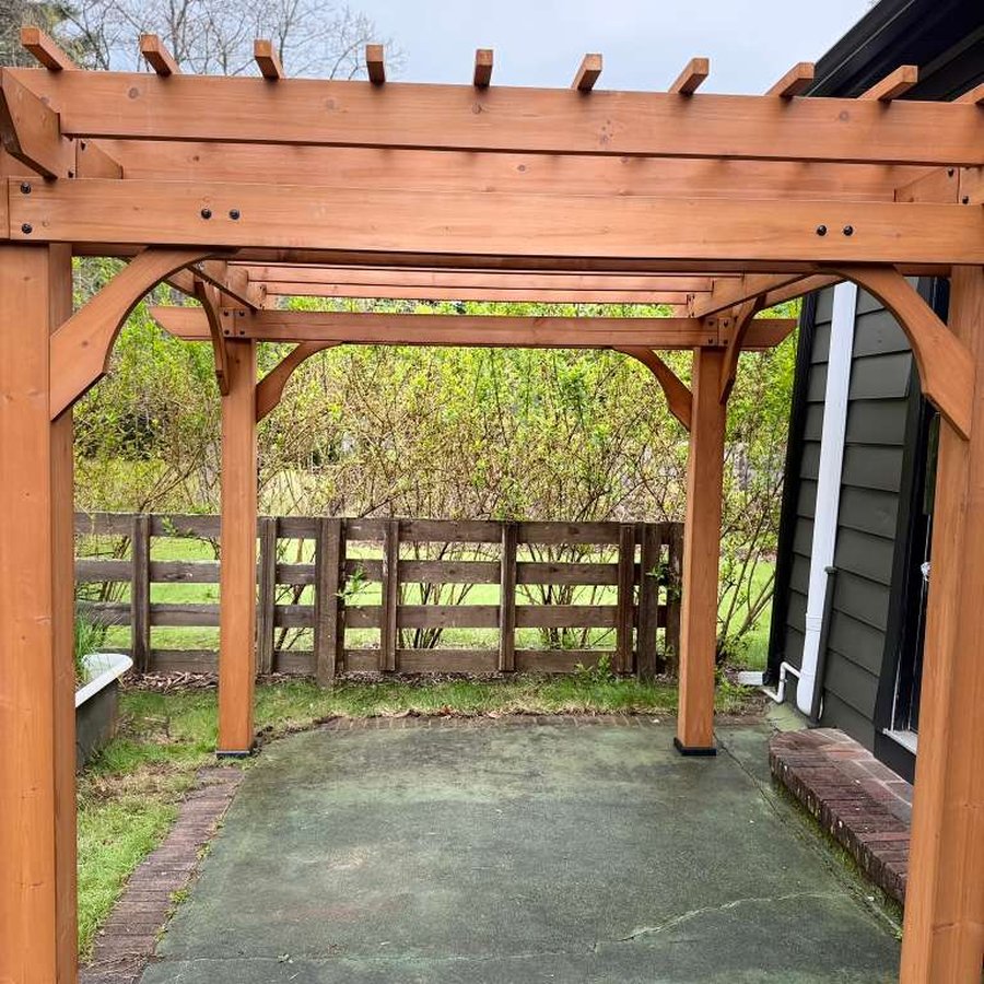 Cedar pergola in backyard
