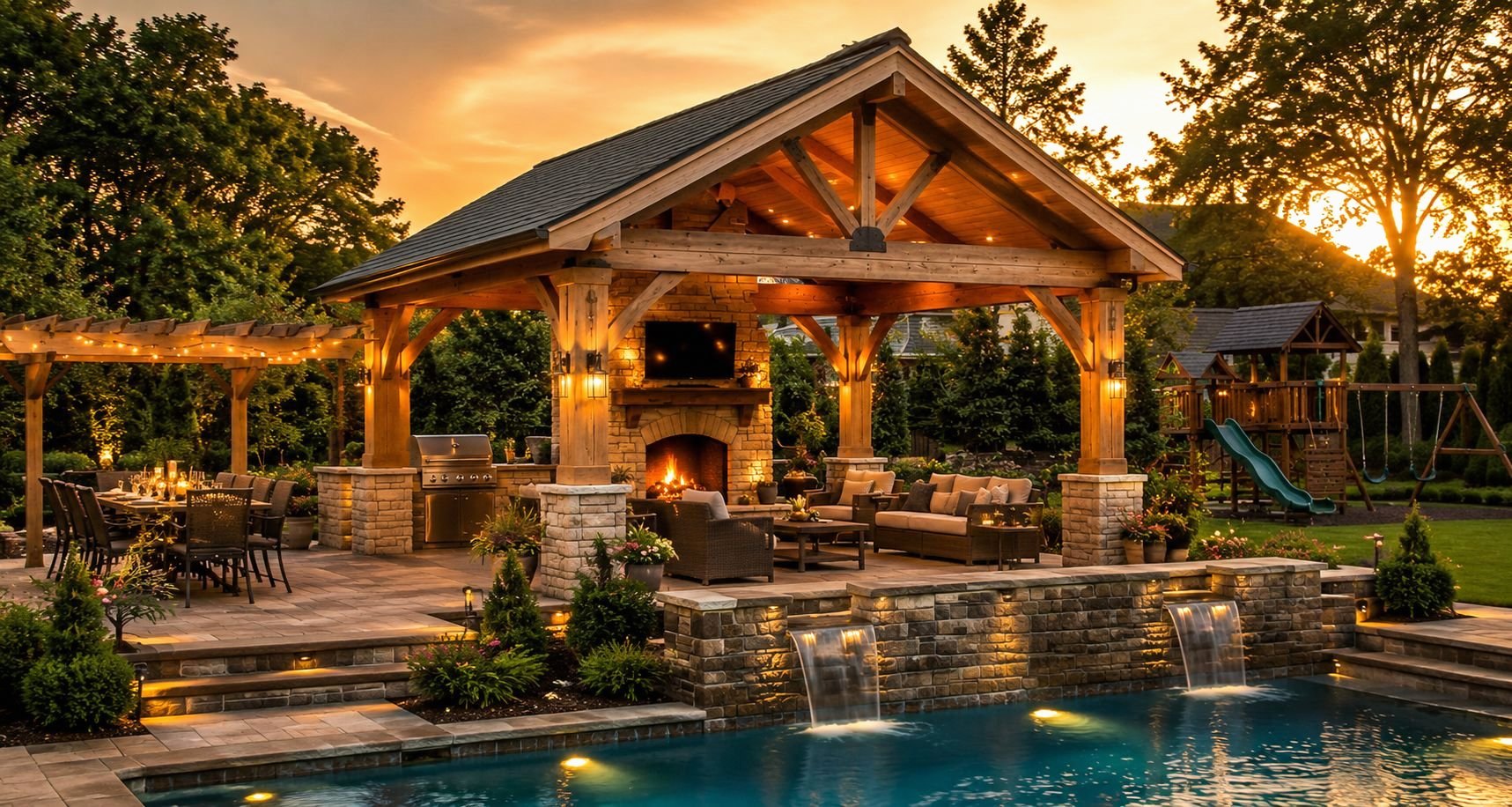 Luxury wooden gazebo with stone fireplace, outdoor furniture and pool built by Elite Group Carpentry